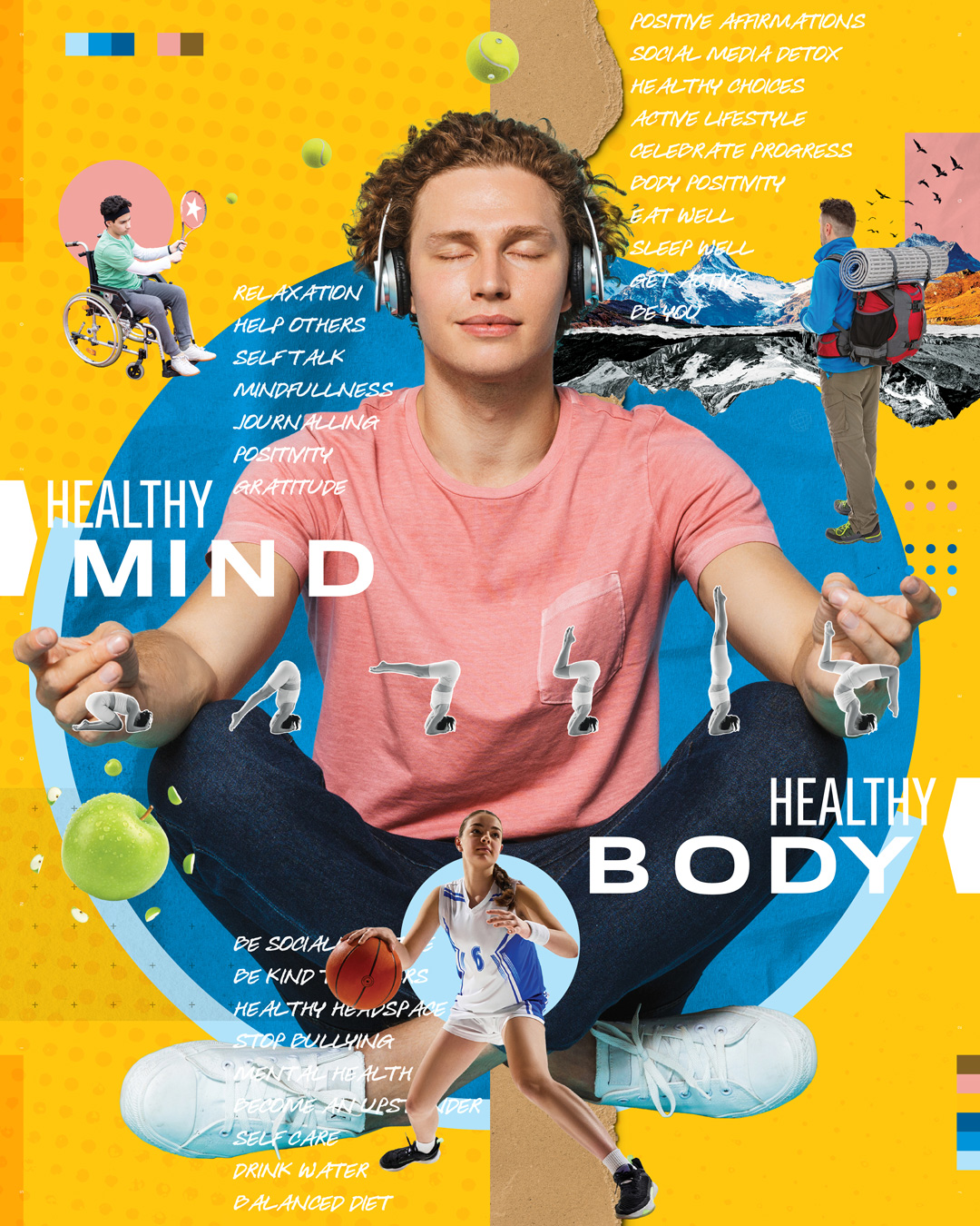 Image of teenager holding phone, wavey lines, burgundy, illustration of male holding salad bowl, illustration of female meditating. illustration of male flexing muscles. text Healthy body and mind.
